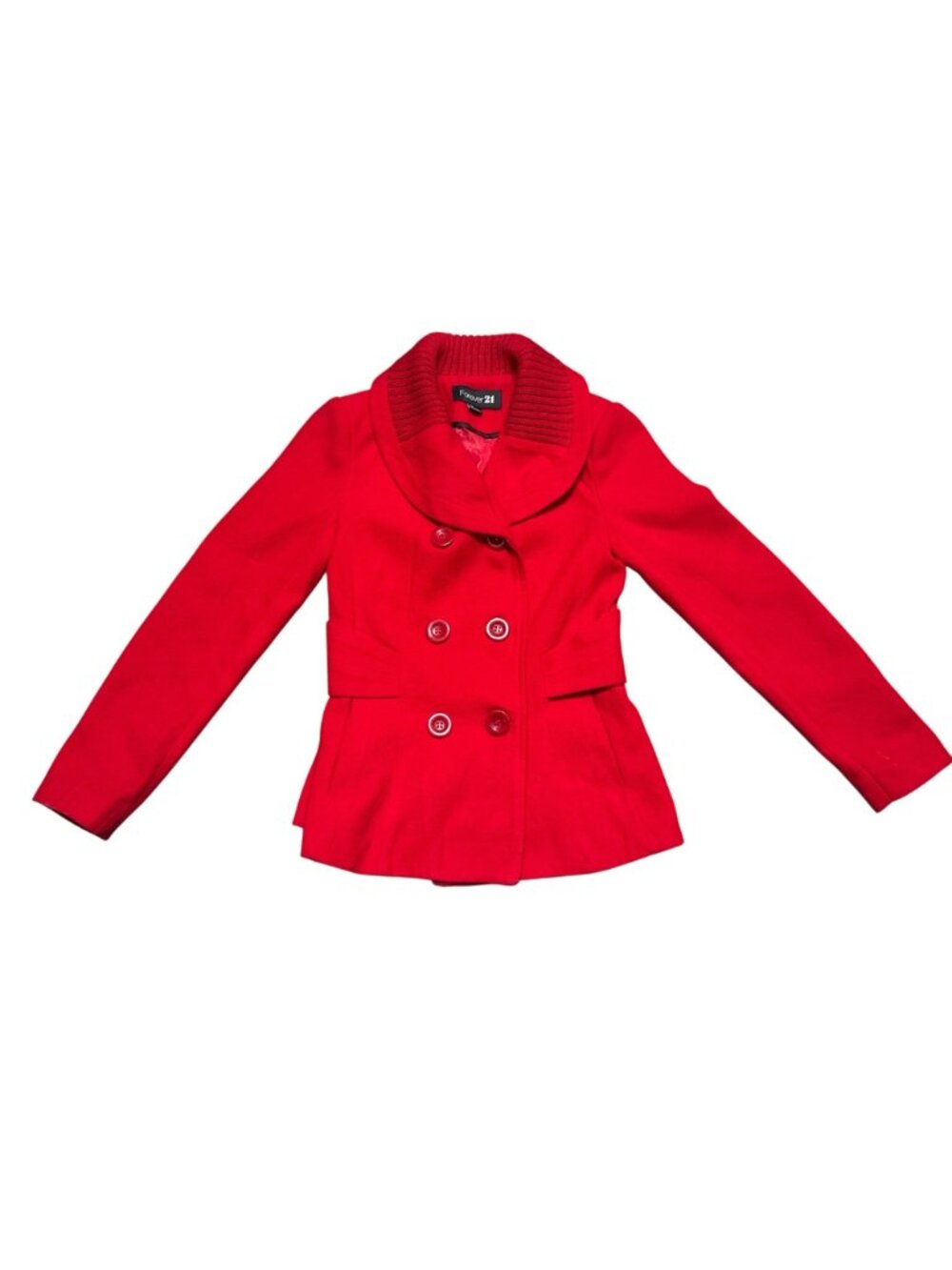 Forever 21 Size Small Red Peacoat Ribbed Shawl Collar Double Breasted Retro Chic - Picture 10 of 11